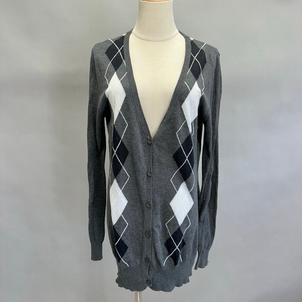 Vintage Y2K DressBarn gray longline argyle print cardigan sweater size large